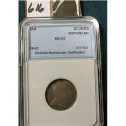 1904H Silver 20C Newfoundland NNC 62 #2191423 Rare Date Catalogs @ $2,700 in MS60!