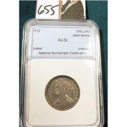 1712 Silver Shilling Great Britain NNC AU50 #2166580 Rare Catalogs @ $750 in XF