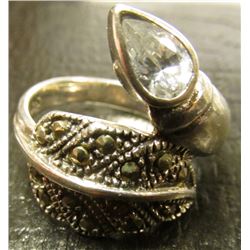 .925 Sterling Silver Marcasite Leaf Ring w/White Tear Drop Stone