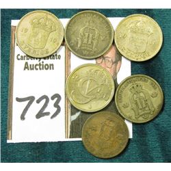 1858 Sweden 1/2 Ore, CR185; & 1876, 1883, 1918, 1940, & 1941 Sweden 25 Ore.