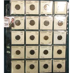 Partial Set of Sweden One Ore: 1858, 62, 65, 66, 67, 70, 72, 78, 80, 81, 82, 83, 85, 88, 90, 91, 96,