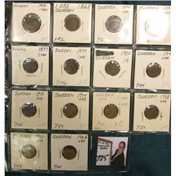 Partial Set of Sweden One Ore: 1858, 65, 70, 91, 97, 98, 1901, 11, 13, 14, 15, 18, 21, & 36. All in 