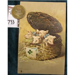 "Raphael Tuck & Sons "Art" Postcard No. 6858 "Piglets in Basket" & a fantastically Toned Brass Card 
