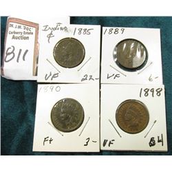 1885 VF Dark, 1889 Fine, 1890 VG, & 1898 Fine Indian Head Cents.