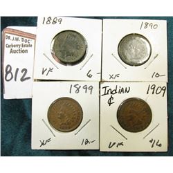 1889 VF tarnish, 1890 EF some tarnish, 1899 EF, & 1909 VF  Indian Head Cents.