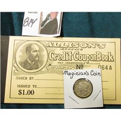 Magician's Coin, Mercury Dime on one side and reverse of a Wheat Cent on the other; & original Unuse