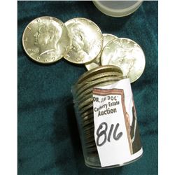 1969 D Original BU Roll of 40% Silver Kennedy Half-Dollars in a plastic tube.