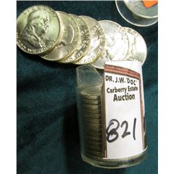 1963 D Solid date BU Roll of 90% Silver Franklin Half-Dollars in a plastic tube. (20 pcs.).