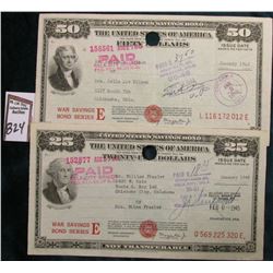 Pair of January 1945 United States of America Savings Bonds $25 & $50 War Savings Bonds Series E. Bo
