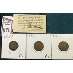 Signed Treasurer Warrant from Webster Co., Iowa for Five Dollars, January, 1880; 1885, 86, & 87 Indi