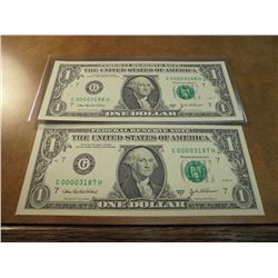 2-2003-A $1 FRN'S LOW CONSECUTIVE SERIAL 'S UNC SERIAL NUMBERS ARE:G00003187H-G00003188H