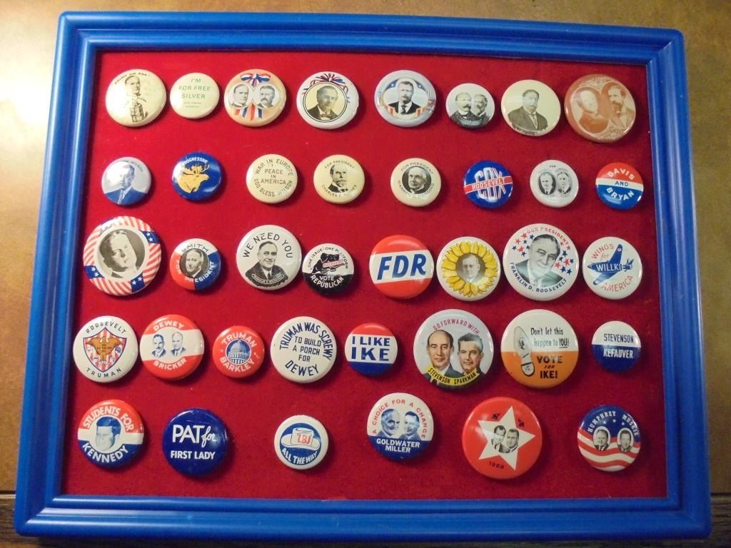 DISPLAY OF 38 POLITICAL BUTTONS SUITABLE FOR
