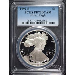 1992-S AMERICAN SILVER EAGLE, PCGS PROOF-70 DCAM  RARE!