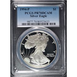 1994-P AMERICAN SILVER EAGLE, PCGS PROOF 70 DCAM  RARE!!
