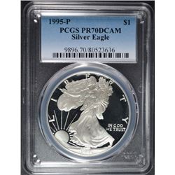 1995-P AMERICAN SILVER EAGLE, PCGS PROOF 70 DCAM  RARE!