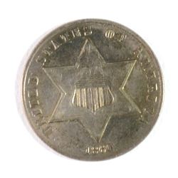 1860 THREE CENT SILVER, AU NICE COLOR