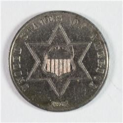 1861 THREE CENT SILVER, AU NICE COLOR