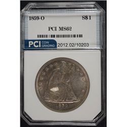 1859-O SEATED DOLLAR, PCI CHOICE BU WHITE!  NICE TYPE COIN