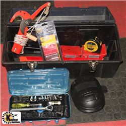 TOOL BOX WITH NEW SOCKET SET, KNEE PADS,