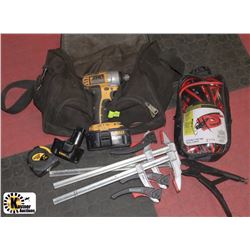 TOOL BAG WITH DEWALT DRILL & NEW BOOSTER CABLES
