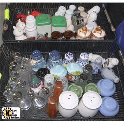 2 BLACK WICKER BASKETS OF SALT AND PEPPER SHAKERS