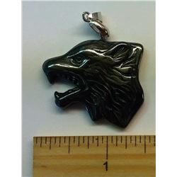 CARVED HEMATITE WOLF'S HEAD PENDANT