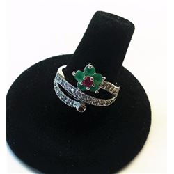 NATURAL RED RUBY & GREEN EMERALD & WHITE TOPAZ RING