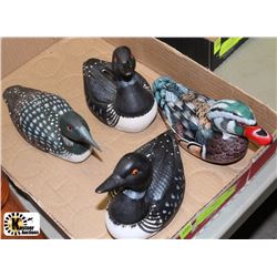 HAND CARVED DUCK AND LOON AND PAIR OF LOON COIN