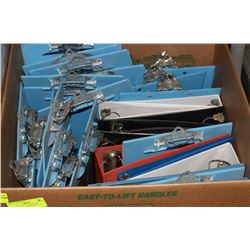 BOX FULL OF 10 BINDERS,20 CLIPBOARDS ASSORTED