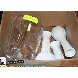 5 PINWHEEL CRYSTAL & MILK GLASS VASES