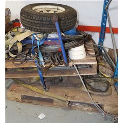 TWO PALLETS WITH SLINGS, LEVEL, TIRE, ETC.