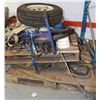 Image 1 : TWO PALLETS WITH SLINGS, LEVEL, TIRE, ETC.