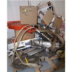 PALLET OF MISC CAR PARTS, SLINGS, ETC.