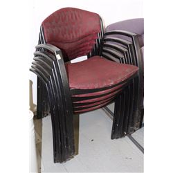 SIX RED & BLACK STACKING CHAIRS