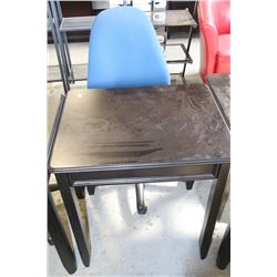 BLACK TABLE WITH BLUE OFFICE CHAIR