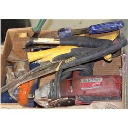 BOX WITH MILWAUKEE IMPACT GUN & VARIOUS HAND TOOLS