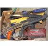 Image 1 : BOX WITH MILWAUKEE IMPACT GUN & VARIOUS HAND TOOLS