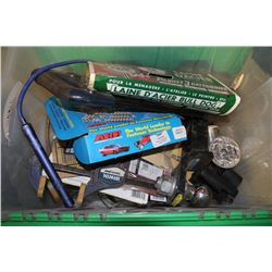 CLEAR TOTE & CONTENTS INCLUDING BALL HITCHES ETC.