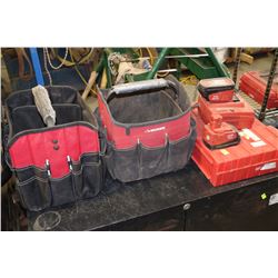TWO HUSKY TOOL BAGS WITH HILTI CHARGER & BATTERIES