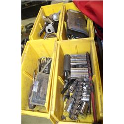 FOUR SMALL YELLOW TOTES WITH CONTENTS