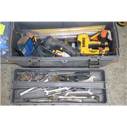 GREY PLASTIC TOOLBOX FILLED WITH TOOLS