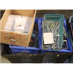 BLACK BIN WITH NUTS, BOLTS, BATTERIES, ETC