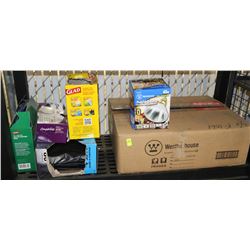 SHELF LOT OF GARBAGE BAGS & LIGHT BULBS