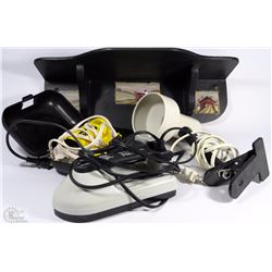 LOT OF TRAVEL ITEMS INCLUDING HAIR DRYER, IRON,