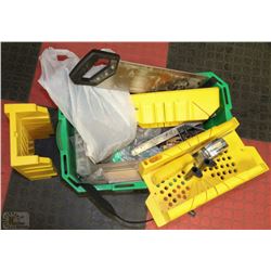 BIN WITH MITRE SAW ACCESSORIES AND MORE