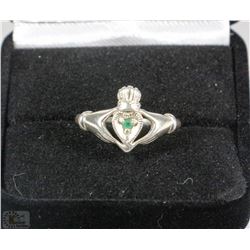 #7-IRISH CLADDAGH,EMERALD .925 SILVER RING SIZE