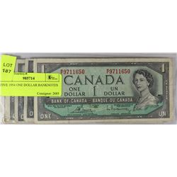 FIVE 1954 ONE DOLLAR BANKNOTES