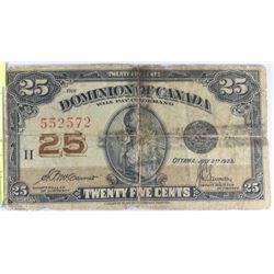 1923 DOMINION OF CANADA 25 CENT SHINPLASTER