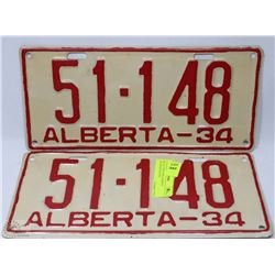 SET OF TWO 1934 ALBERTA LICENSE PLATES