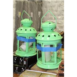 PAIR OF LARGE GREEN CANDLE LANTERNS 15" TALL
